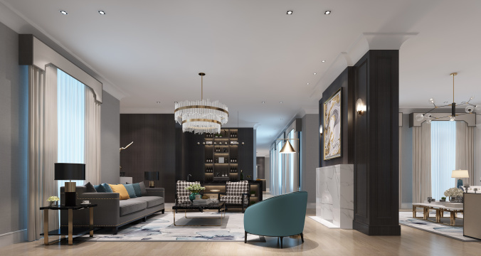 室内设计客厅-豪华美丽的新家，室内装饰优雅，有白色的明亮灯光，家具齐全，包括沙发、桌子、椅子等，营造出舒适的居住氛围，可欣赏豪华住宅的客厅，餐厅！