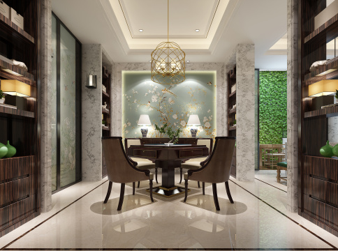 棋牌室-设计通过精心挑选的材质、色彩和家具，以及独特的空间布局，让棋牌室在视觉上呈现出一种和谐、自然的美感。