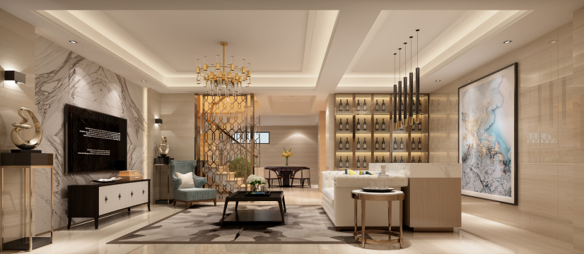 室内设计客厅-豪华美丽的新家，室内装饰优雅，有白色的明亮灯光，家具齐全，包括沙发、桌子、椅子等，营造出舒适的居住氛围，可欣赏豪华住宅的客厅，餐厅！