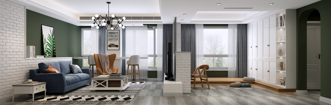 室内设计客厅-豪华美丽的新家，室内装饰优雅，有白色的明亮灯光，家具齐全，包括沙发、桌子、椅子等，营造出舒适的居住氛围，可欣赏豪华住宅的客厅，餐厅！