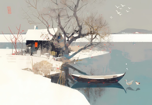 冬天，一搜小船静静的呆在湖面上AIGC