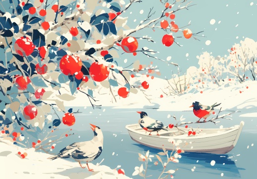 冬天，一搜小船静静的呆在湖面上AIGC