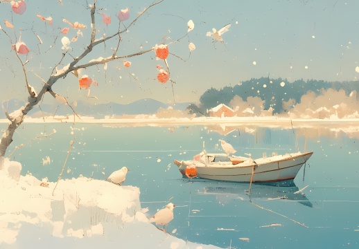 冬天，一搜小船静静的呆在湖面上AIGC