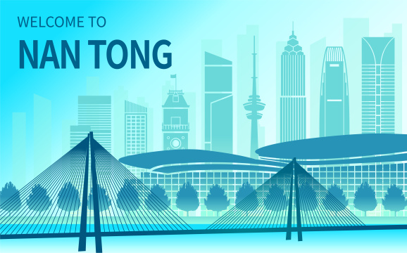 中国江苏省南通市城市天际线渐变矢量插画