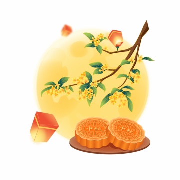 中秋节月亮月饼月兔桂花插画