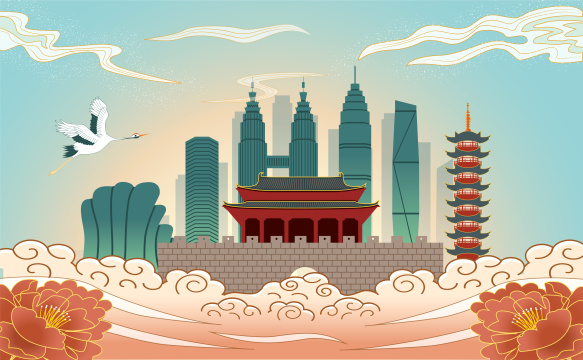 中国浙江省绍兴市城市国风海报插画