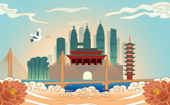 中国浙江省绍兴市城市国风海报插画