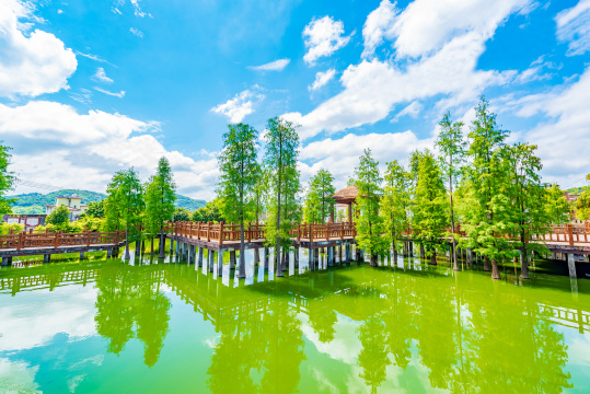 广东清远佛冈上岳古村里湖泊的雨后风光