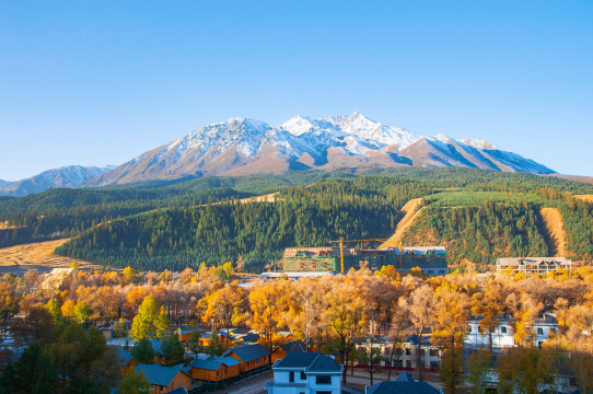 中国青海祁连县深秋夕阳西下的金色美景