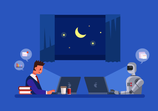 一个因加班而疲惫的人和一个不知疲倦的机器人的向量 