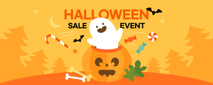 带有从南瓜中蹦出的鬼魂和糖果的万圣节活动横幅 