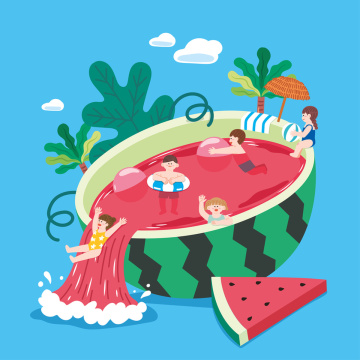 夏日日常生活_西瓜游泳池矢量插画 