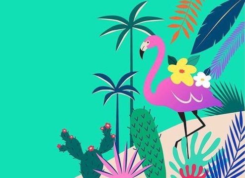 色彩斑斓的热带背景矢量插画，上面有头顶花朵的火烈鸟 