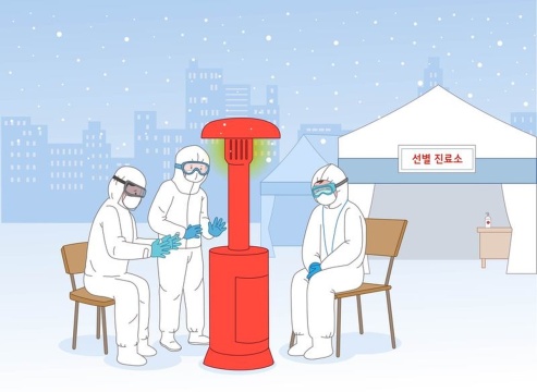 冬季筛查诊所_医护人员在休息时聚集在户外取暖器旁的矢量插图 