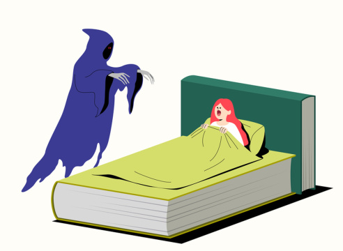 恐怖题材书籍主题系列的矢量图像，其中一名女子被鬼魂吓到 