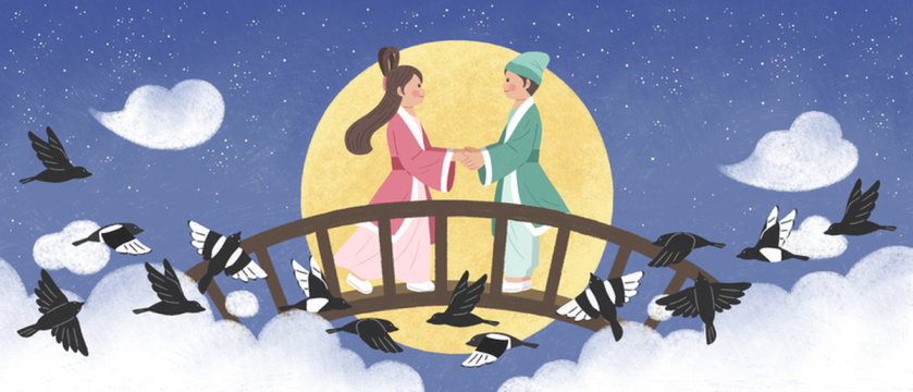 源自牛郎织女童话故事的七夕插画 