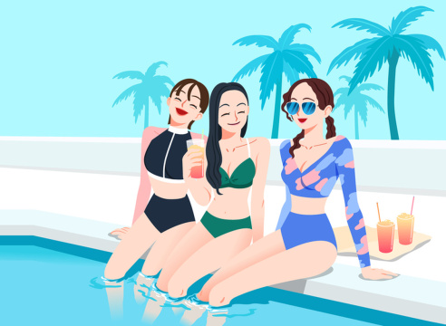 一幅描绘女友们在度假胜地微笑和放松的矢量插画 
