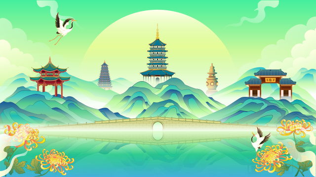 国潮城市杭州古建筑矢量插画