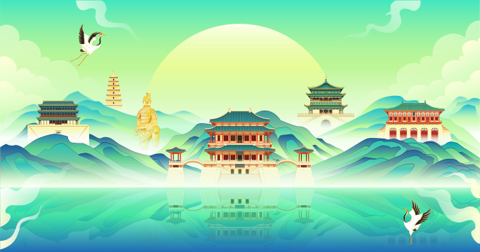 国潮风城市西安古建筑矢量插画
