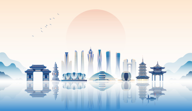 杭州城市建筑群扁平时尚矢量插画