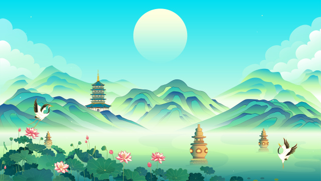 国潮风西湖雷峰塔美景矢量插画