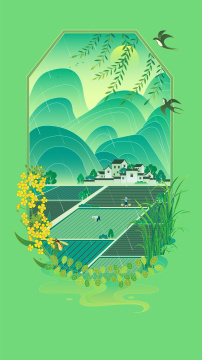 春天徽派建筑乡镇农村春播国风插画