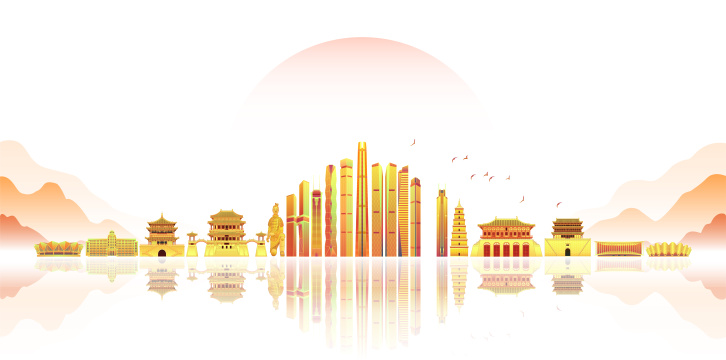 山水中国风西安城市矢量水墨风插画