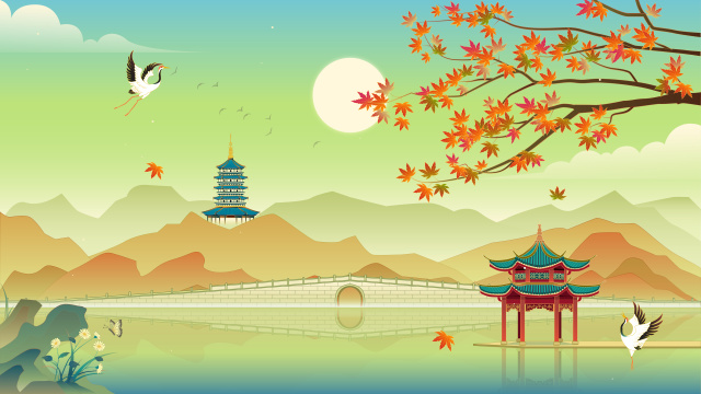 西湖秋天国潮矢量插画