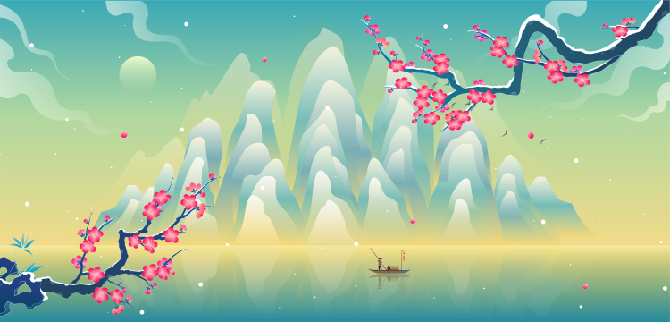 千里雪山红梅冬天国潮风山水插画