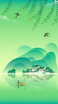 春季徽派建筑山水中国风矢量插画