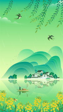 春季徽派建筑山水中国风矢量插画