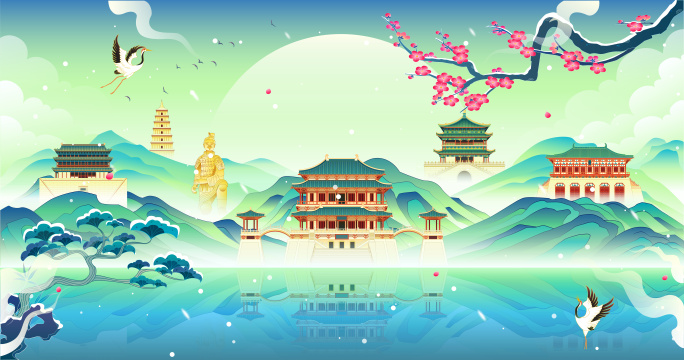 冬天西安城市国潮风雪天矢量插画