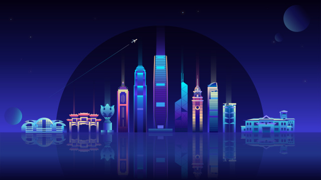 炫彩香港夜景城市矢量插画