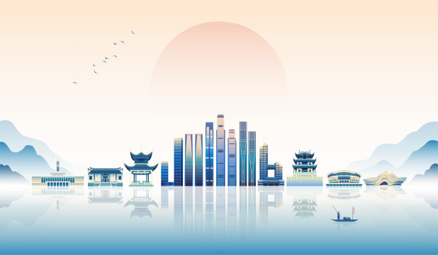 湖南长沙城市国潮风扁平风矢量插画
