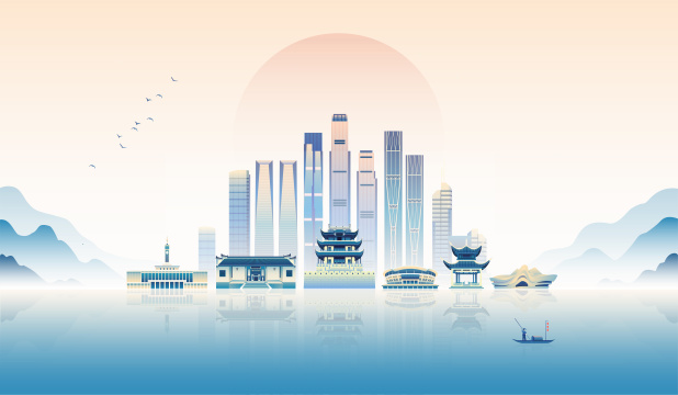 湖南长沙城市国潮风扁平风矢量插画