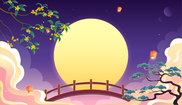 月圆之夜桂花祥云国潮插画