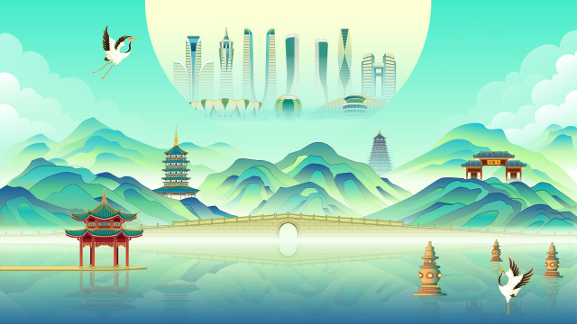 国潮风杭州古现代建筑矢量插画