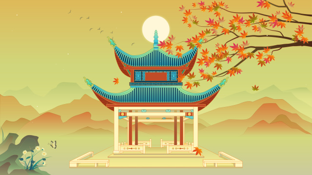 爱晚亭秋天枫树国潮矢量插画