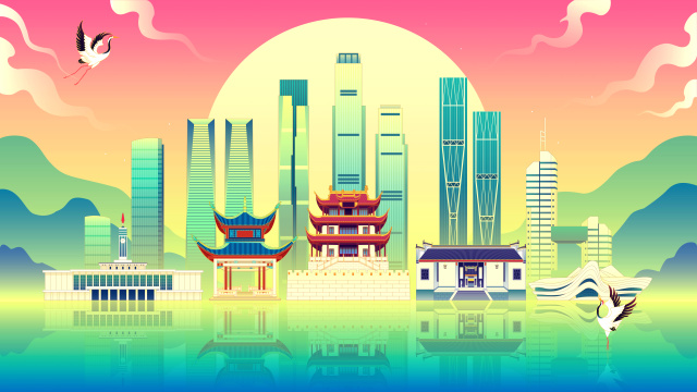 长沙城市地标国潮风插画