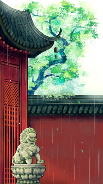 夏天雨季古建筑古风插画