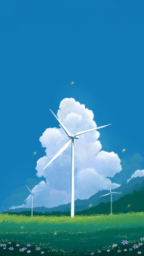 蓝天草地夏天风车治愈插画