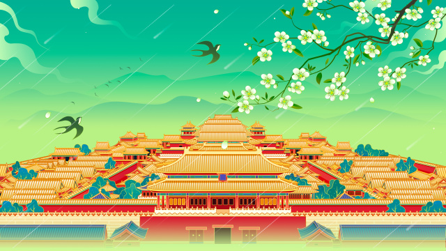 故宫梨花雨水国潮插画