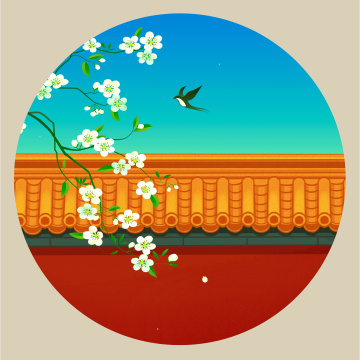 故宫红墙梨花春天中国风插画