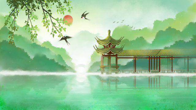 西湖古亭春雨古风手绘插画