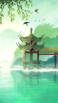 西湖古亭春雨古风手绘插画