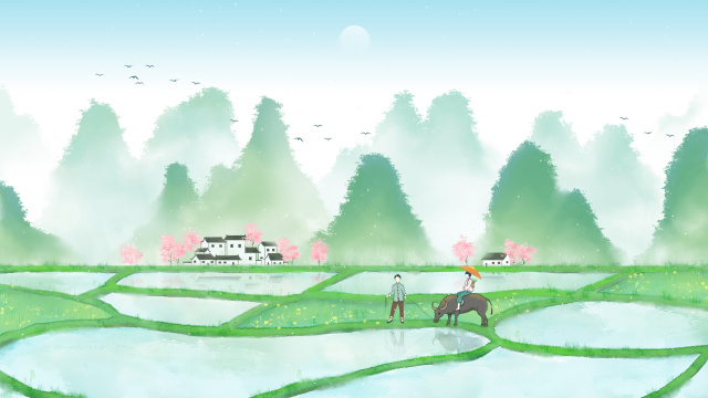 田园风光中国风春天插画