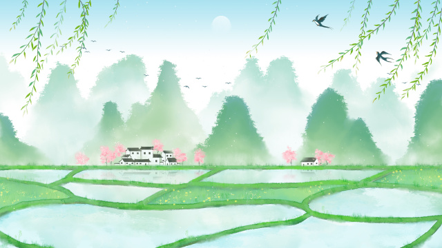 中国风桂林山水田园水墨水彩插画