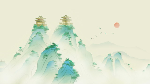 唯美老君山冬日水墨手绘插画