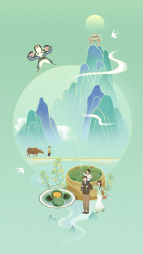 清明节青团放牛踏春国潮插画