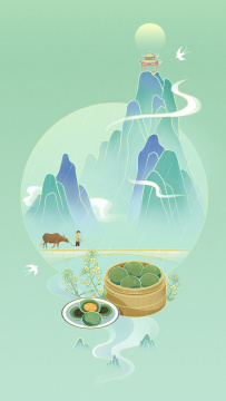 清明节青团放牛踏春国潮插画